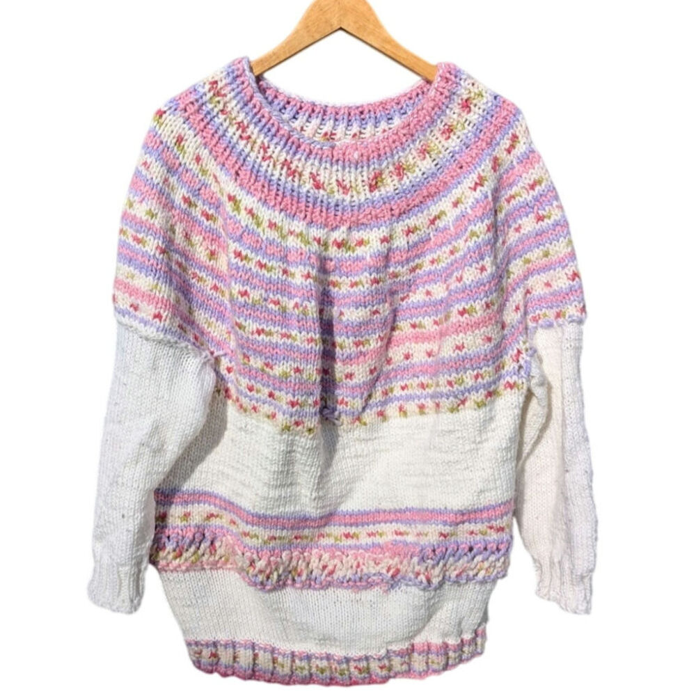 Handmade knit sweater tunic heavy weave pastel XL cottage granny cozy crew